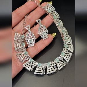 Silver finish American diamond and mint green stones choker set with earrings